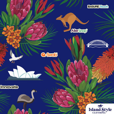 Pattern with Australian flora and fauna on a blue background, featuring logos of various brands.