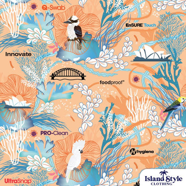 Patterned design with birds, coral, and architectural elements on a colorful background.