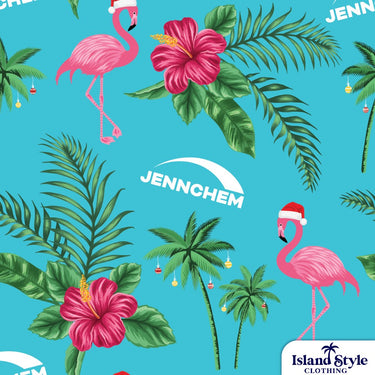 Tropical pattern with flamingos, flowers, and palm trees on a blue background with Jennchem branding.