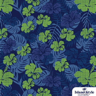 Tropical leaf pattern with green leaves on a blue background, featuring 'Island Style Clothing' brand.
