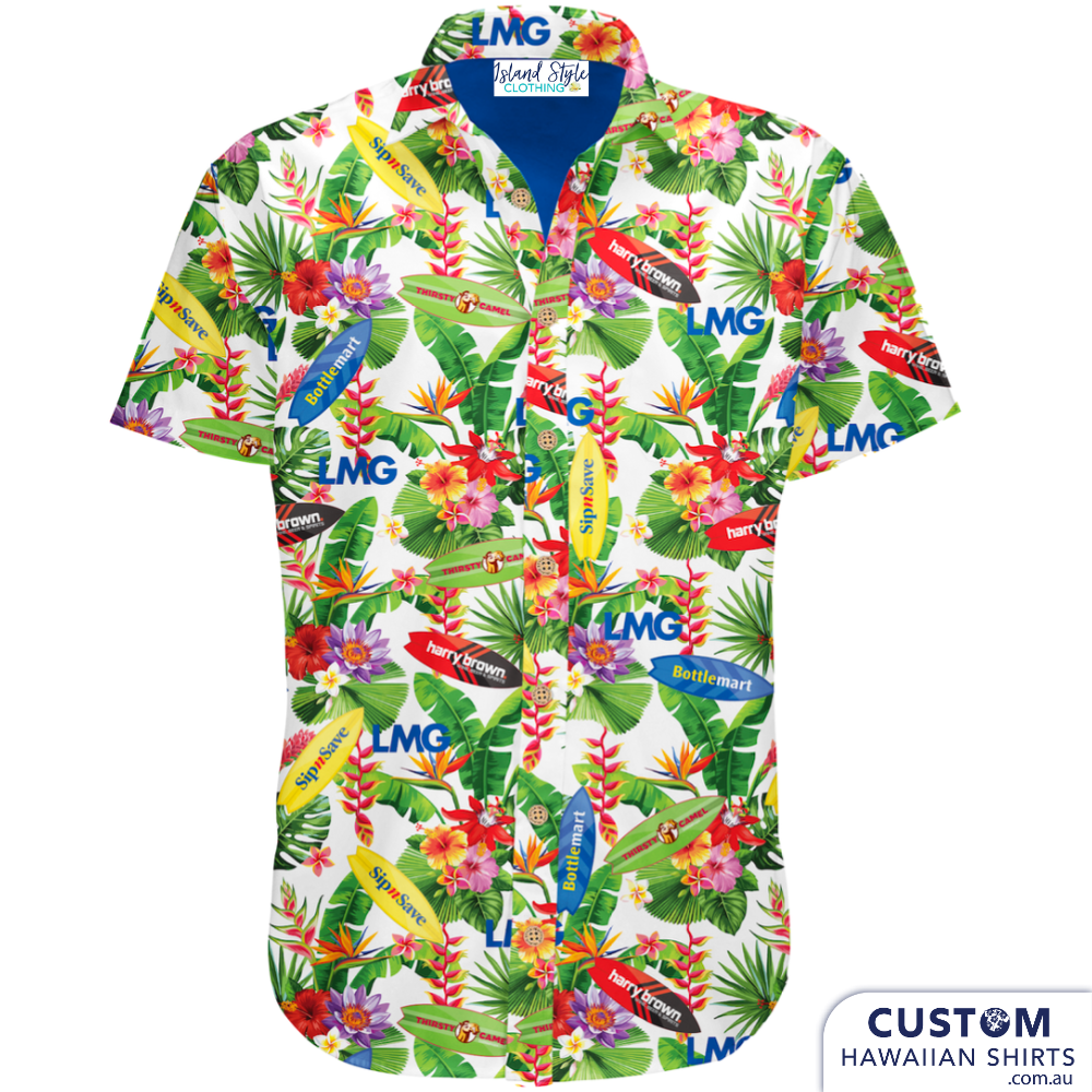 LMG (Liquor Marketing Group) held their annual conference in Hawaii this year. 500 lucky managers received this custom shirt in their welcome pack.   Let us design some shirts for your next corporate event. Custom Hawaiian Shirts Soft touch rayon Coconut embossed buttons