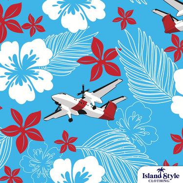 Pattern with airplanes and tropical flowers on a blue background, featuring the Island Style Clothing brand.