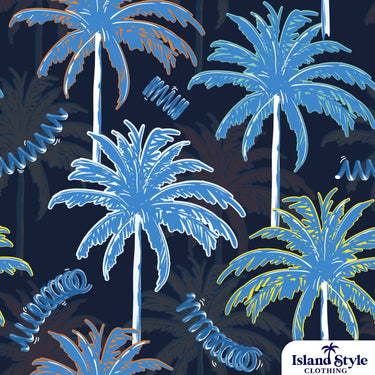 Pattern of blue palm trees on a dark background with 'Island Style Clothing' branding.
