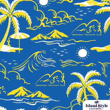 Patterned fabric with palm trees, suns, and mountains on a blue background, featuring 'Island Style Clothing' branding.