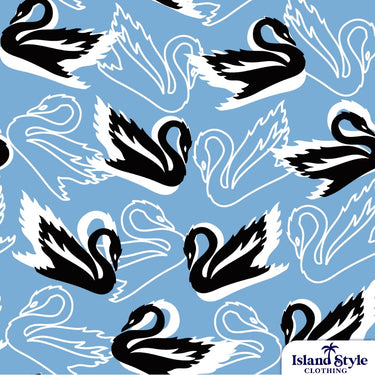 Pattern of black swans on a blue background with Island Style Clothing logo.