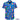 Blue shirt with colorful patterns and faces on a white background