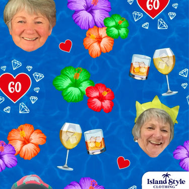 Blue fabric with colorful flowers, glasses of alcohol, and a person's face on a blue background.