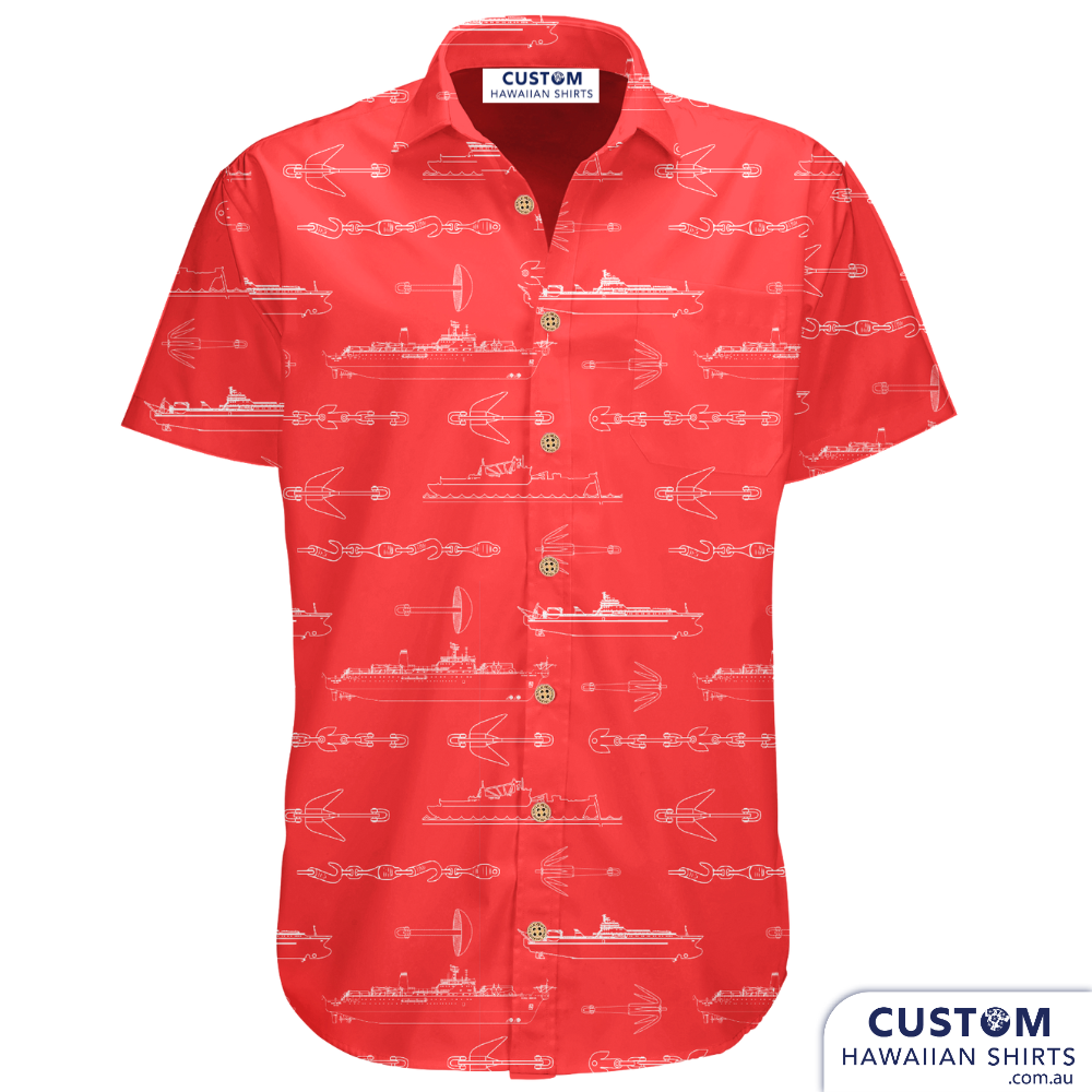 We designed and supplied these custom hawaiian shirt uniforms to 'Merchant Mariners' in Taiwan. Yes we ship worldwide. Their first order was blue and this order was red.