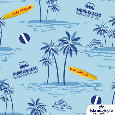 Patterned fabric with palm trees, surfboards, and 'Moruya SLSC' branding on a blue background.