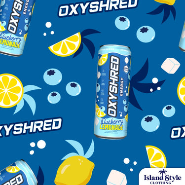 Oxyshred Energy Blueberry Lemonade can with lemon and blueberry graphics on a blue background