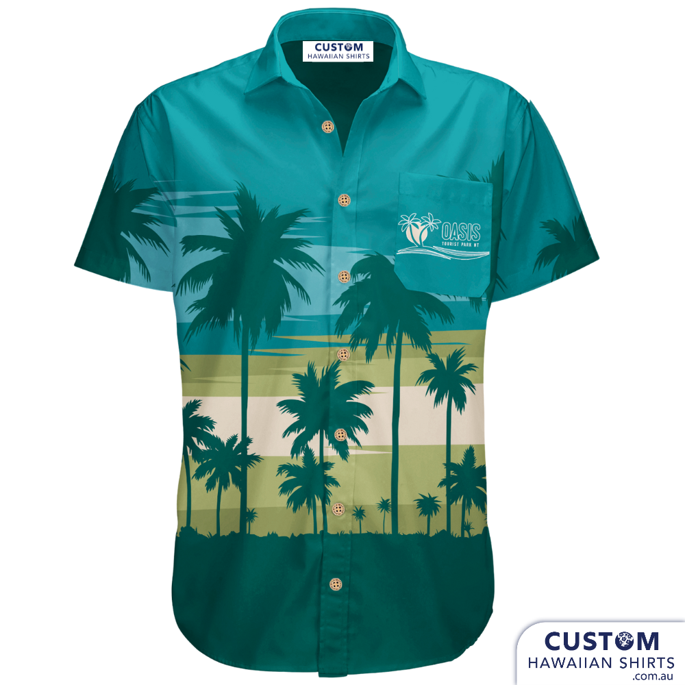 We supplied Oasis Tourist Park, NT with some really sharp new tropical themed uniforms. These were customised for a tropical park with a graduated background showing a lovely sunrise and palm trees in the foreground.&nbsp;