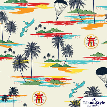Custom shirts featuring a white base with palm trees, islands, parachutes and more.