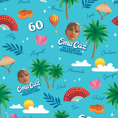 Colorful pattern with palm trees, flowers, and people's faces on a blue background, featuring 'Oma Caz' branding.