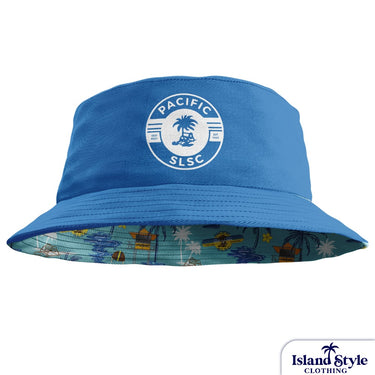Blue bucket hat with a logo and colorful interior on a white background