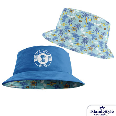 Two bucket hats, one blue with a logo and one patterned with palm trees and boats, on a white background.