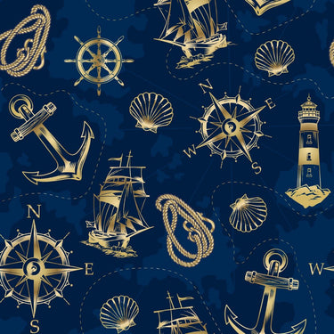 Nautical pattern with anchors, ships, compasses, and lighthouses on a blue background