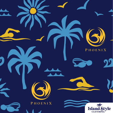 Pattern with palm trees, swimmer icons, and Phoenix logo on a blue background
