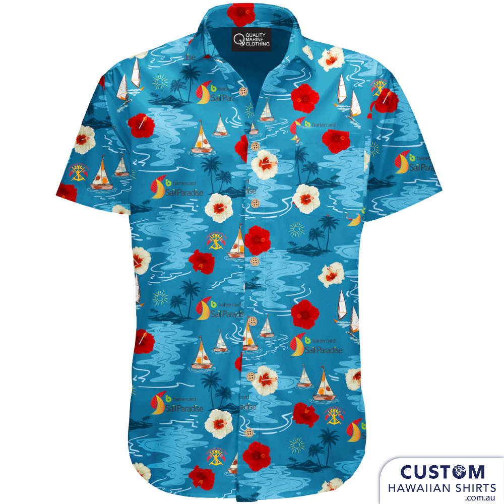 We made these stylish personalised Hawaiian shirts for 'Quality Marine Clothing' for the Sail Paradise event 2023 for Members and merch at Southport Yacht Club, Gold Coast, Queensland.&nbsp;