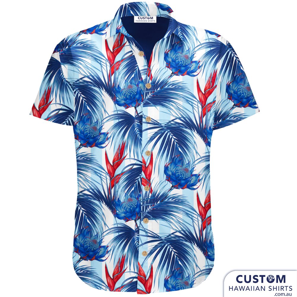 These super stylish custom shirts were designed for the Queenscliff Surf Life Saving Club in Manly, NSW. A stylish striped shirt that I'm sure they wear on and off duty!  100% soft rayon Chest pocket Coconut buttons. Features palms, heliconias and warpath flowers - all Aussie natives.