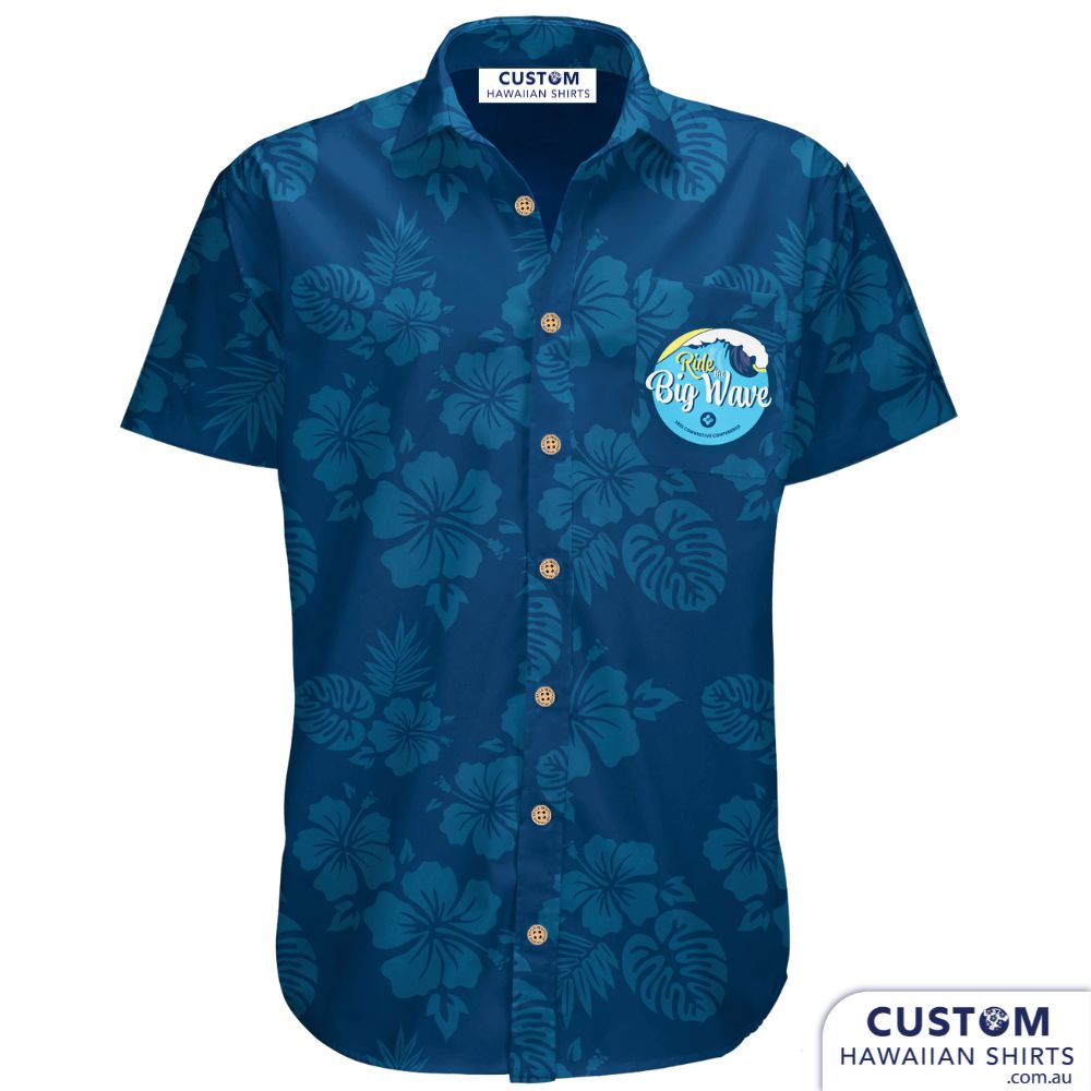 Bespoke conference shirts for Ride the Big Wave 2021 Conference where professionalism meets fun. They wanted someone monotone and a subtle Hawaiian vibe. We also incorporated their logo on the chest pocket.