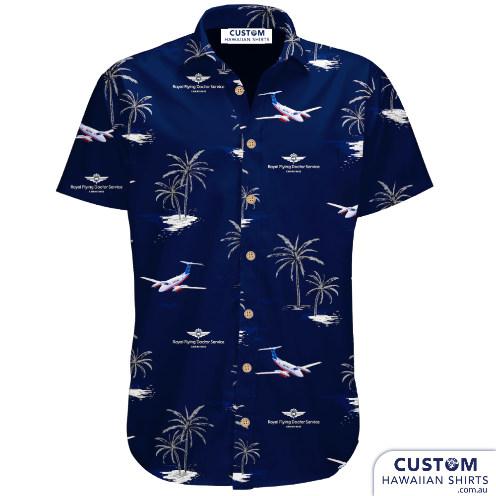 We supplied new made-to-order Uniforms to the wonderful staff looking after us all at Royal Flying Doctors in Cairns, Queensland. They wanted a fully customised design with a dark navy base palms, planes and their logo. What a ripper. Let us know if you would like some personalised shirts for your workplace or group. Free design on the Sunshine Coast, Queensland, Australia.  Made-to-order Custom Hawaiian Shirts