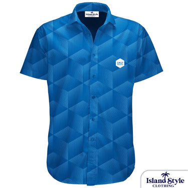 Blue geometric patterned shirt with 'Island Style Clothing' branding on a white background