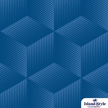 Blue geometric patterned fabric with 'Island Style Clothing' logo.