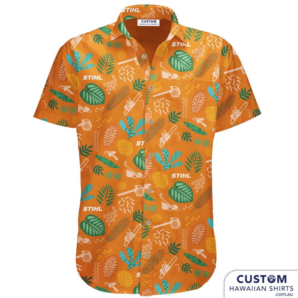 New fun corporate staff shirts custom-designed for the STIHL National Dealer Conference in Cairns, Qld 2024. These personalised Hawaiian shirts were plain with their logo on the pocket.  Custom Hospitality Shirts 100%&nbsp;Cotton  Open collar 1 x front pocket Coconut buttons Free design by our in-house designers on Sunny Coast