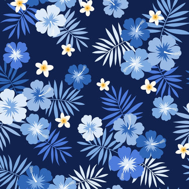 Pattern of blue and white flowers on a dark blue background