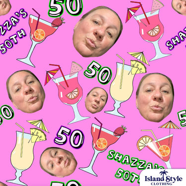 Collage with faces, cocktails, and '50 Shazz' text on a pink background