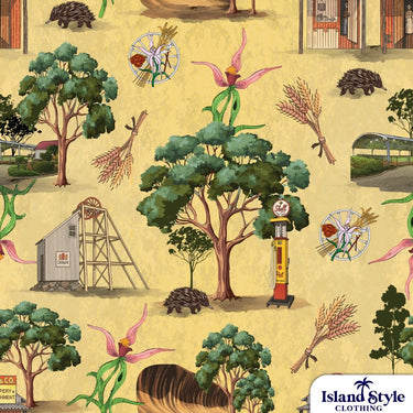 Patterned fabric with trees, animals, and buildings on a beige background, featuring 'Island Style Clothing' logo.