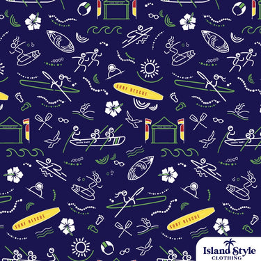 Nautical-themed pattern with boats, anchors, and flowers on a blue background, featuring 'Island Style Clothing' logo.
