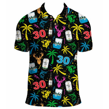 Colorful shirt with tropical patterns, numbers, and bottles on a white background