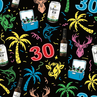 Pattern with Spillman's 30th beer cans, bottles, cooler, and tropical graphics on a black background.
