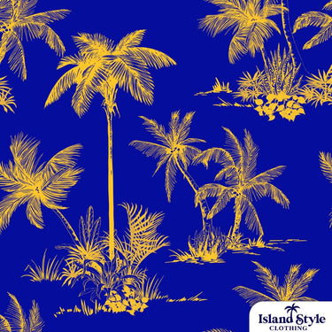 Tropical pattern with yellow palm trees and plants on a blue background, featuring 'Island Style Clothing' logo.