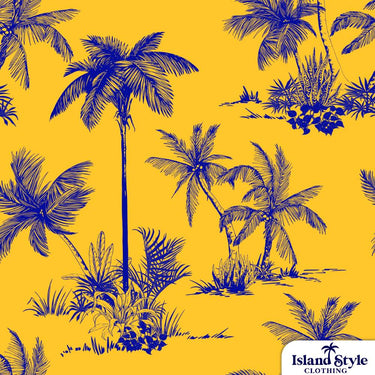 Pattern of blue palm trees and plants on a yellow background with 'Island Style Clothing' logo.