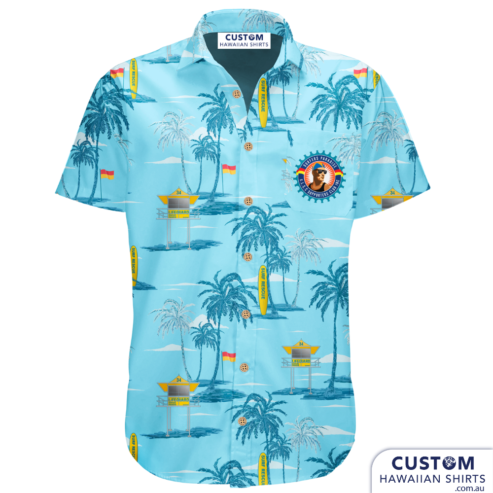 Surfers Paradise Surf Life Saving Club in Queensland wanted some new custom shirts for the Supporters Club. This is a stylish design featuring palms, Tower 34, flag and a surf board on a blue base.  Open collar Top pocket with logo Embossed Coconut buttons (one spare) Aussie Designed Shirts