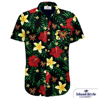 Hawaiian shirt with tropical floral pattern on a white background