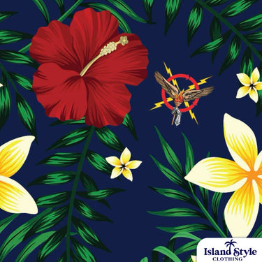Tropical floral pattern with red and yellow flowers on a blue background, featuring the brand 'Island Style Clothing'.