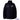 Black puffer jacket with white text on a white background