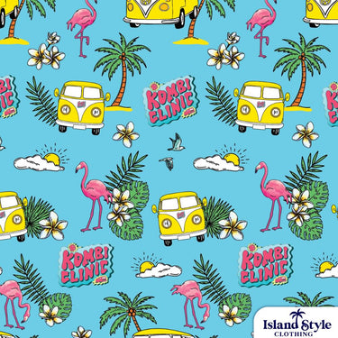 Pattern with yellow vans, pink flamingos, palm trees, and flowers on a blue background.