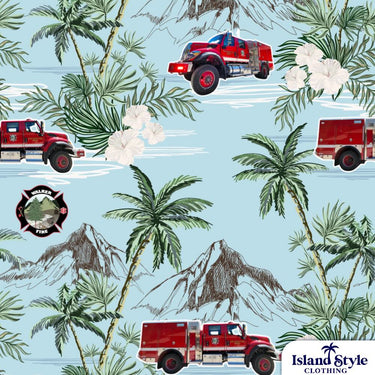 Fabric pattern with red fire trucks, palm trees, mountains, and white flowers on a blue background. Island Style Clothing logo visible.