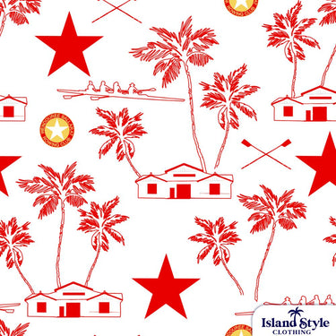 Pattern with red palm trees, houses, and stars on a white background, featuring 'Island Style Clothing' logo.