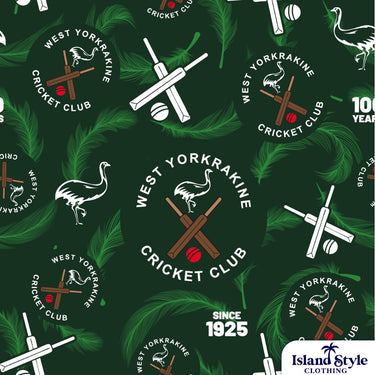 Pattern with West Yorkrakine Cricket Club logos and cricket-themed illustrations on a green background.