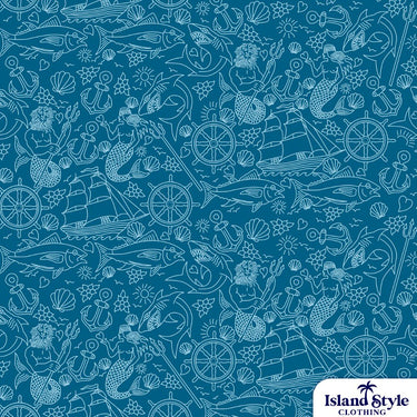 Whitsunday Police Social Club | Mens Custom Hawaiian Shirts. Teal blue base with mermaid and shell graphics