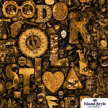 Decorative collage with various vintage-style objects and 'Island Style Clothing' logo.