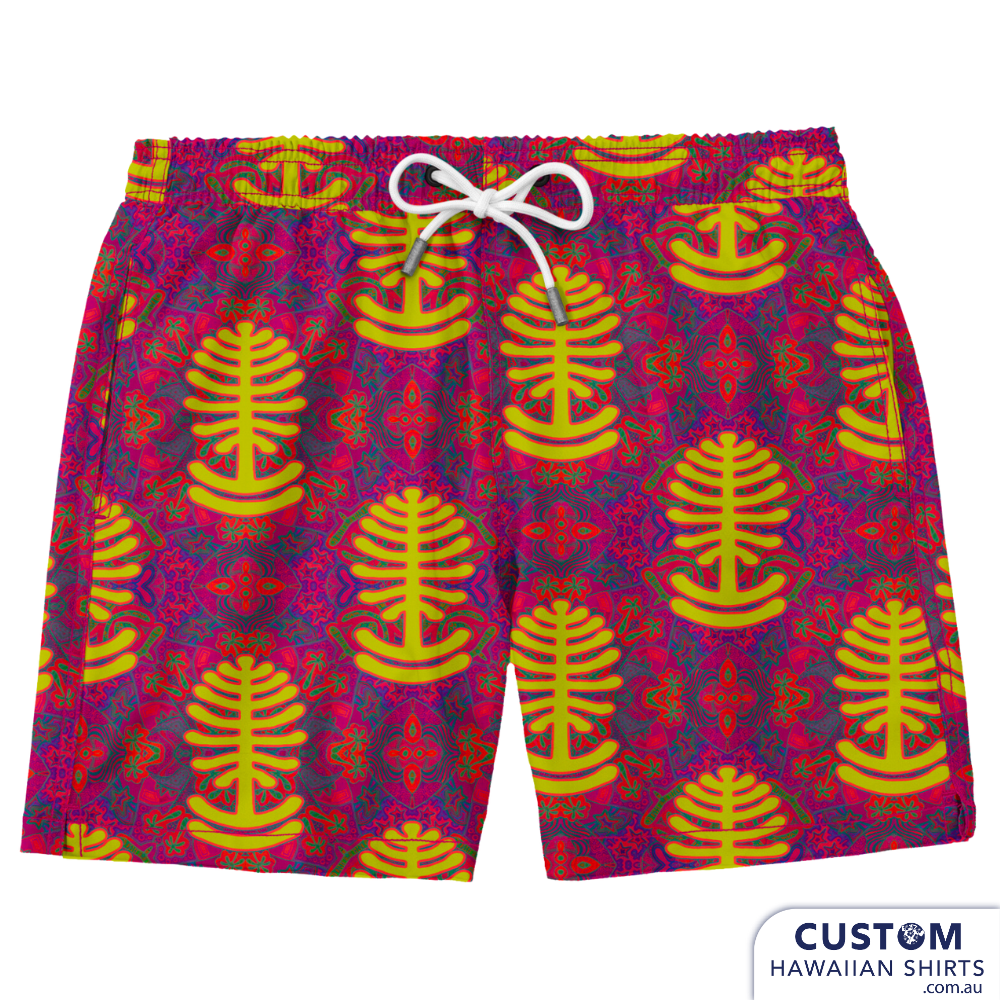 This year we supplied 3 different mens swim shorts for one of our local festivals and a Mens Hawaiian Shirt. We are based on the Sunshine Coast, QLD and Woodford has been a favourite of ours to visit for many years. A very funky Aussie print main image is a Bunya tree.  These were available for sale in their merch tent.  Custom Swim Shorts A soft 4-way stretch poly/lycra blend