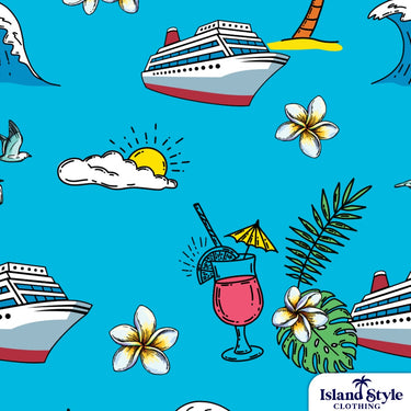 Pattern with cruise ships, cocktails, flowers, and leaves on a blue background.