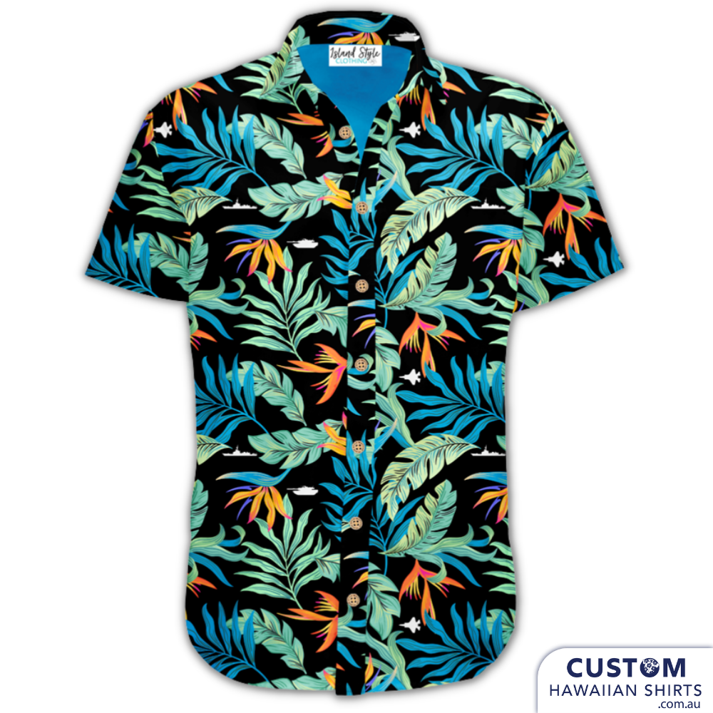 AFD Defense Jobs have some new stylishl Customised Uniforms featuring some military vehicles, bold bird of paradise flowers and tropical leaves black base. These custom shirts can be as busy or as simple as you would like. Each one is designed individually. 100% Cotton Embossed coconut buttons