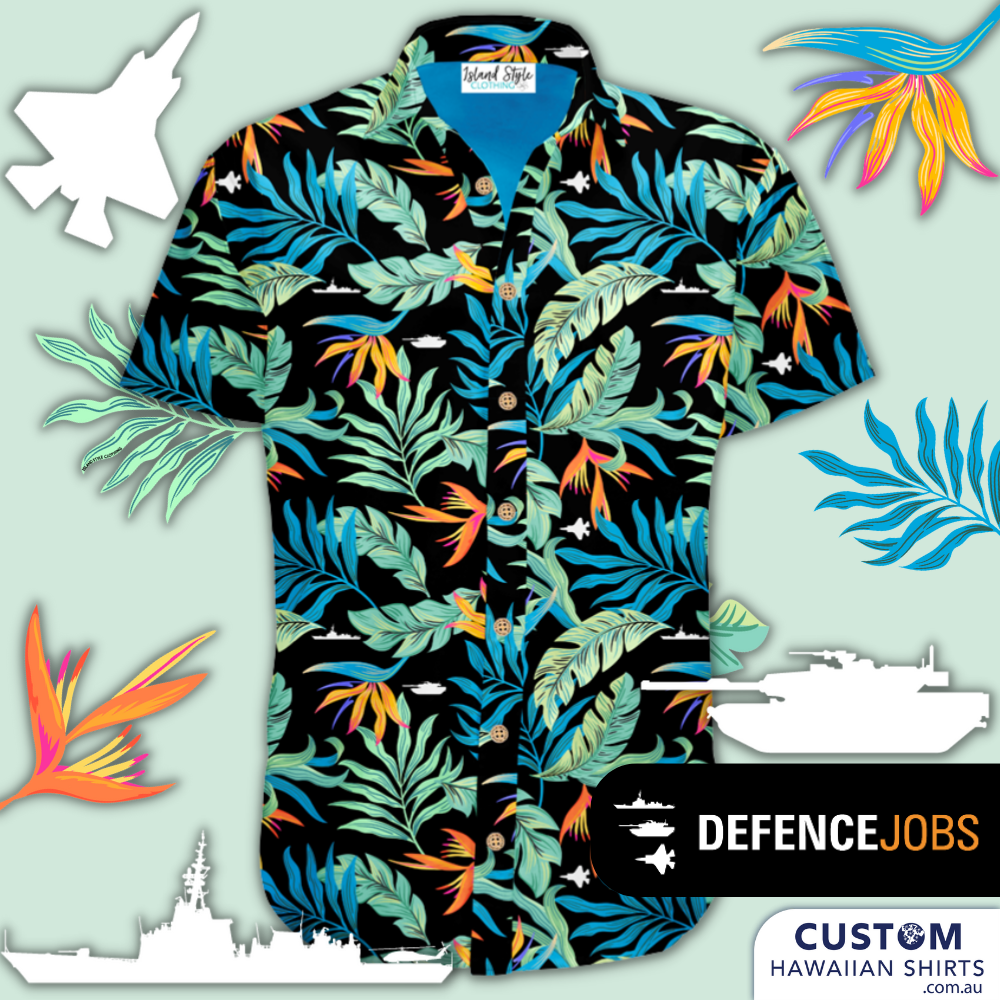 AFD Defense Jobs have some new stylishl Customised Uniforms featuring some military vehicles, bold bird of paradise flowers and tropical leaves black base. These custom shirts can be as busy or as simple as you would like. Each one is designed individually. 100% Cotton Embossed coconut buttons